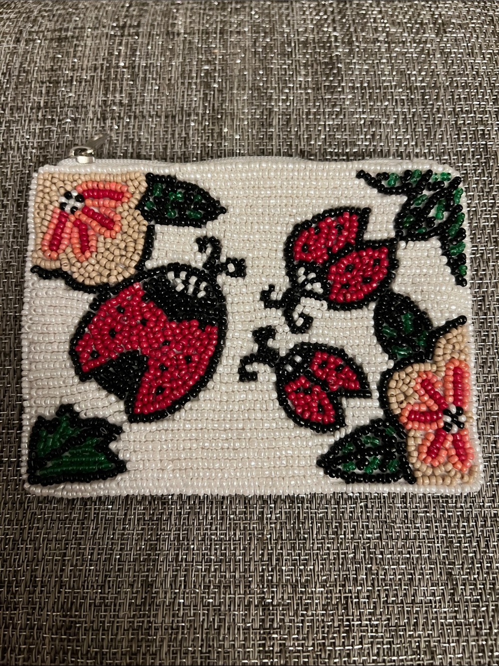 Beaded Ladybug Coin Purse - White and Red
